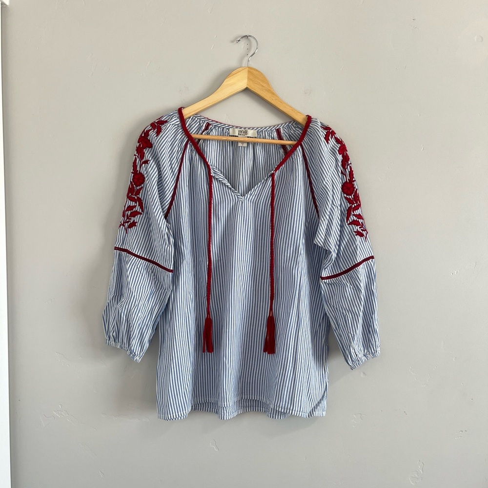 Vintage America | Blue Pinstripe Shirt with Red Detail Embroidery